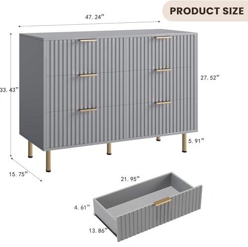 47.2" Fluted Grey 6 Drawer Dresser for Bedroom with Deep Drawers