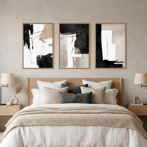 Abstract Black White Brown Framed Canvas Wall Art Set