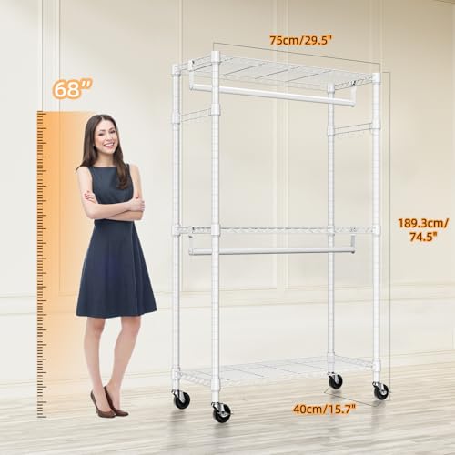 Heavy Duty Rolling Garment Rack 3 Tiers Adjustable Wire Shelving Clothes Rack with 2 Rods and Side Hooks