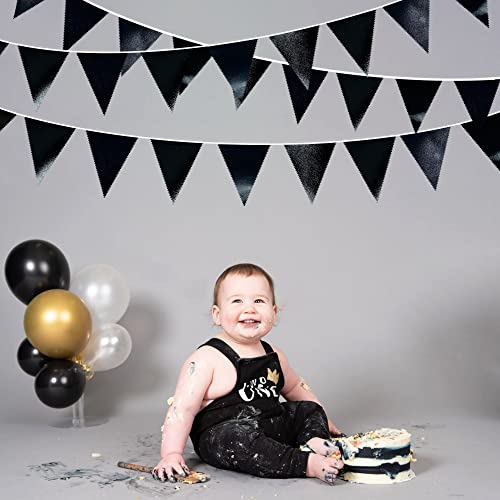 Black Party Decorations Triangle Pennant Banner Flag Black Metallic Fabric Bunting Garland for Graduation Birthday Wedding Engagement Bachelorette Holiday Halloween Celebration Hen Party Supplies (32 Foot)