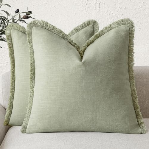 Decorative Linen Fringe Throw Pillow Covers 24×24 Light Green (2 Count)