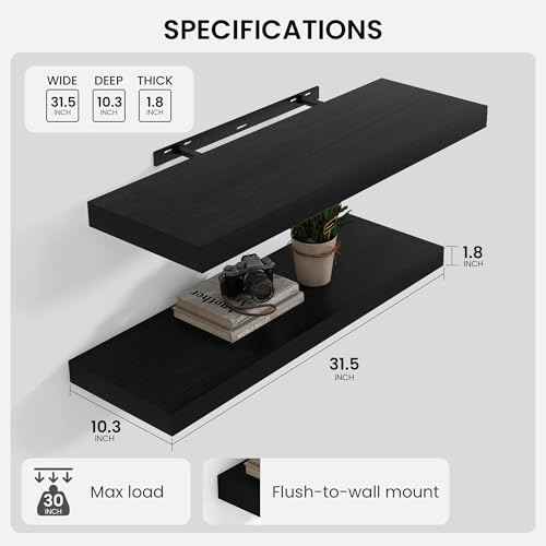 Floating Shelves 31.5" W x 10.3" D Black Set of 2 (2 Count)
