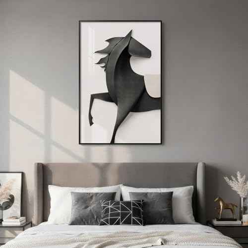Large Framed Modern Black and White Horse Wall Art