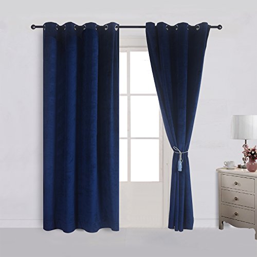 Set of 2 Velvet Flannel Blackout Curtains Panel Drapes Grommet Draperies Eyelet 52Wx84L inch Navy Royal Blue