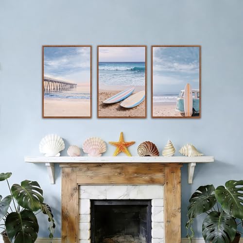 KAlRNE Neutral Retro Beachy Framed Coastal Beach Wall Art Set (3 Count)