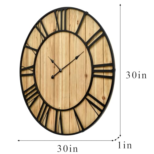 Large Farmhouse Wall Clock 30 Inch Vintage Brown Wooden Wall Clock with Quiet Ticking and Minimalist Roman Numerals for Bedroom Living Room Office Kitchen Home Decor