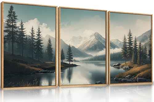Large Mountain Misty Forest Framed Canvas Wall Art