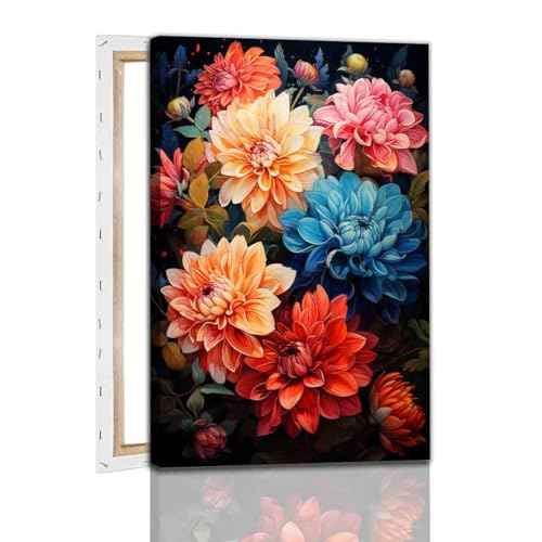 Dahlia Canvas Wall Art Abstract Flower Poster Pink Flower Painting Colorful Flowers Picture Blue Dahlia Wall Art Pink Floral Picture Plant Modern Living Room Decor 16x24inch Framed