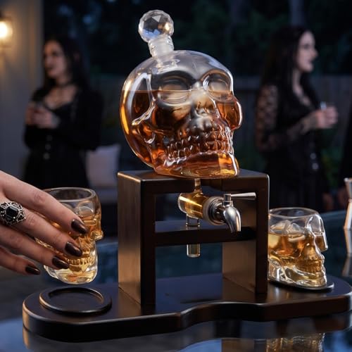 Skull Skeleton Wine & Whiskey Decanter Set 750mL with 2 Skull Shot Glasses 3oz (4 Count)