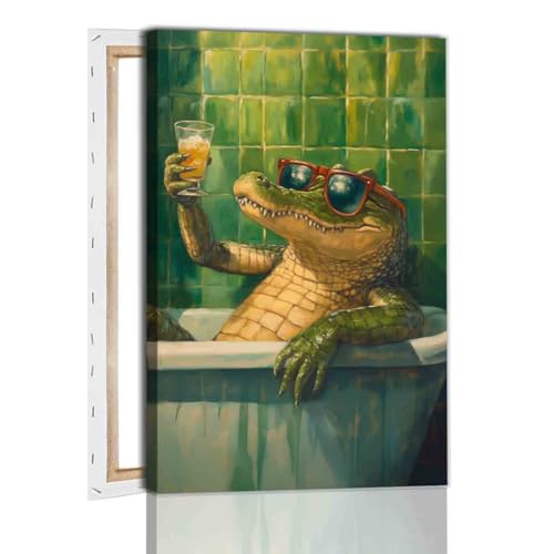Funky Animals Wall Art Bathroom Humor Poster Animal in Bathtub Painting Aesthetic Cocktail Picture Crocodile Artwork 16x24inch framed