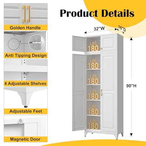 90”Metal Pantry Storage Cabinet with Doors & 4 Adjustable Shelves
