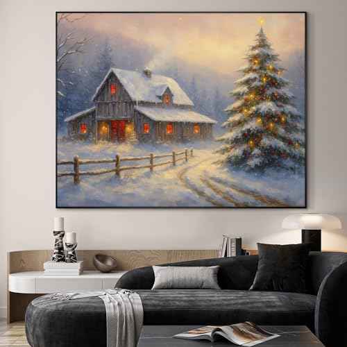 46"x60" Extra Large Framed Wall Art Rustic Winter Cabin with Christmas Tree and Snowy Landscape for Home Living Room Bedroom Decor