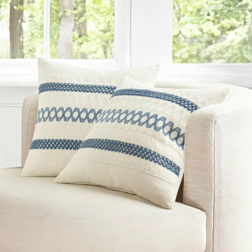 Set of 2 Coastal Blue Boho Decorative Pillow Covers 20x20 Inch (2 Count)