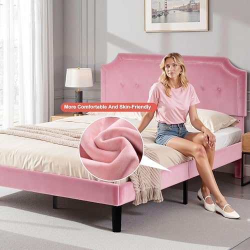 Queen Size Bed Frame with Velvet Upholstered Headboard