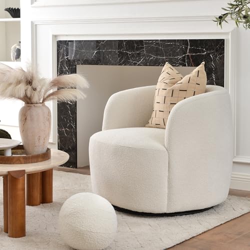34" W Boucle Swivel Barrel Chair with Toss Pillow