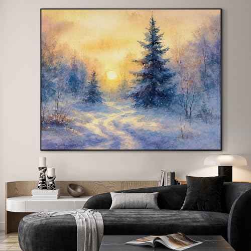 46"x60" Extra Large Framed Wall Art Winter Sunrise in Snowy Pine Forest Watercolor Style for Home Living Room Bedroom Decor