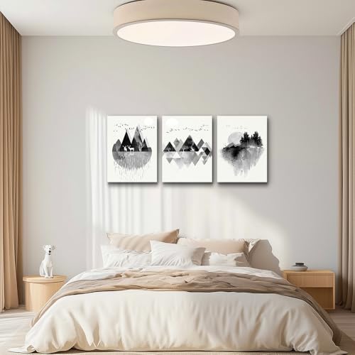 Canvas Wall Art For Living Room Wall Decor For Bedroom Office Decoration Black And White Abstract Wall Painting Geometry Mountain Prints Wall Pictures Artworks Room Home Decor 3 Piece (3 Count)