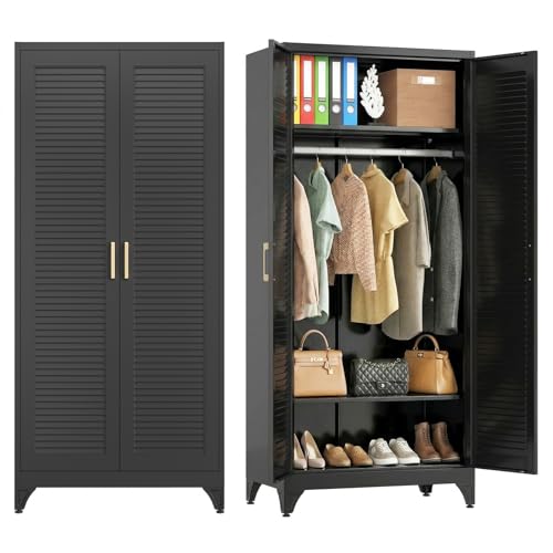 71" Tall Black Wardrobe Closet with Door and Adjustable Shelves