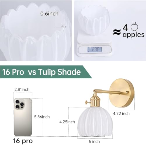 Vintage Wall Sconces with White Tulip Glass Lampshade 180 Degree Adjustable Brass Sconces Hradwired Modern Wall Lighting Fixture with Switch for Bedside Bedroom Doorway