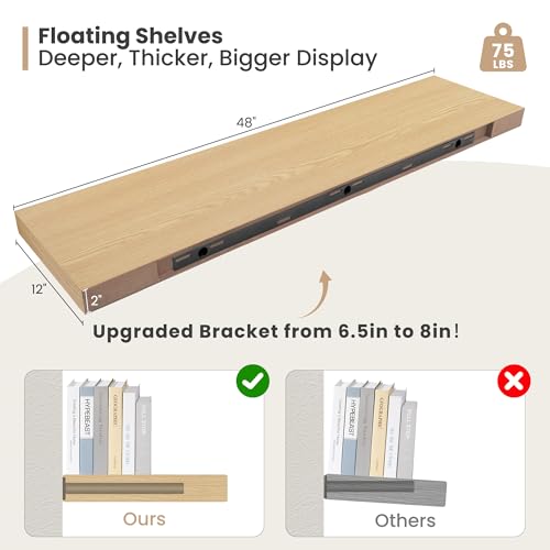 48 x 12 Deep Floating Shelves Wall Mounted Set of 2 Oak (2 Count)
