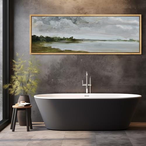 Large Framed Canvas Print Wall Art Tranquil Landscape Soft Brushstroke Lake Scene Illustrations Antique Retro Fine Art Illustrations Decorative Colorful for Bedroom
