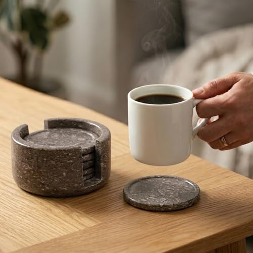Round Marble Coasters Set of 6 with Holder Oceanic Stone 3.5 Inch (6 Count)