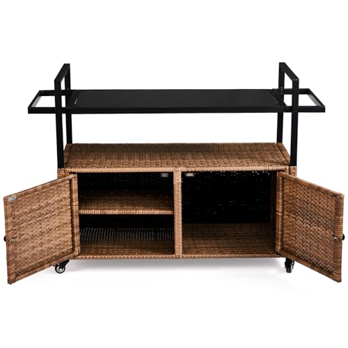 Wicker Outdoor Bar Cart with Storage and Wheels
