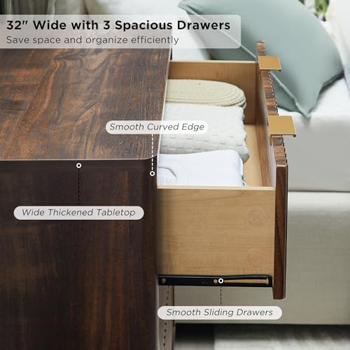 32" Large Fluted Nightstand with 3 Drawers Set of 2 (2 Count)