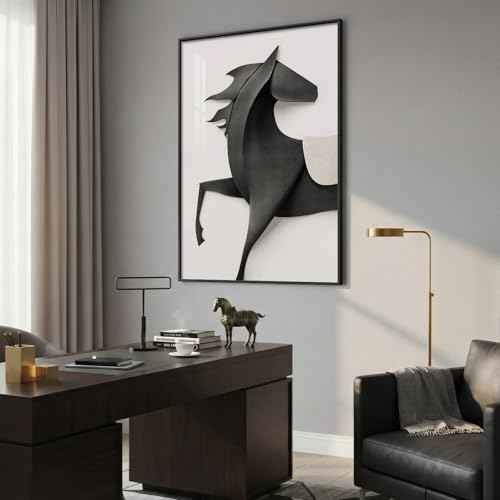 Large Framed Modern Black and White Horse Wall Art