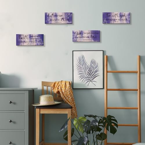 4 Pieces Purple Bathroom Decor Bible Verses Wooden Wall Decor Abstract Office Christian Religious Art for Women Office Home Bedroom Living Room Decoration (4 Count)