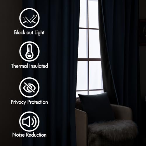 Navy Blue Velvet Pinch Pleat Blackout Curtains W52 X L84 Inches (2 Count)