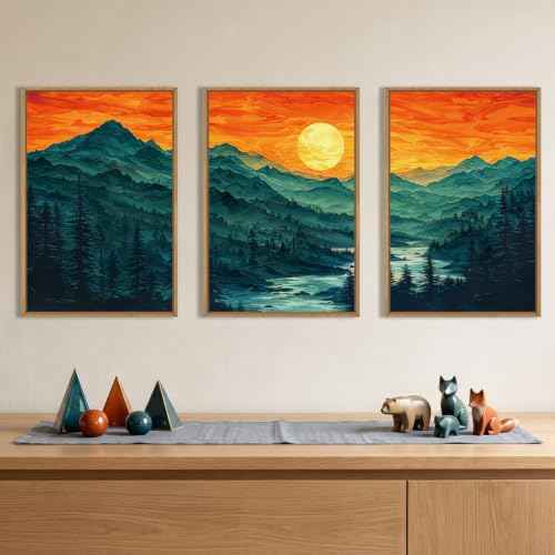 Boho Mountain Sunset Landscape Framed Canvas Wall Art