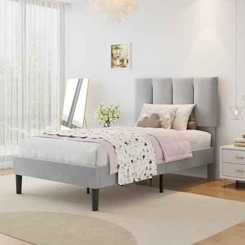 Twin Size Bed Frame with Upholstered Headboard