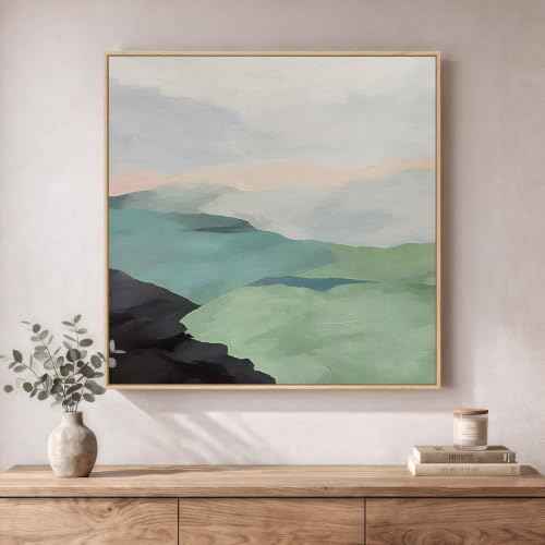 Large Framed Modern Neutral Green Abstract Landscape Wall Art