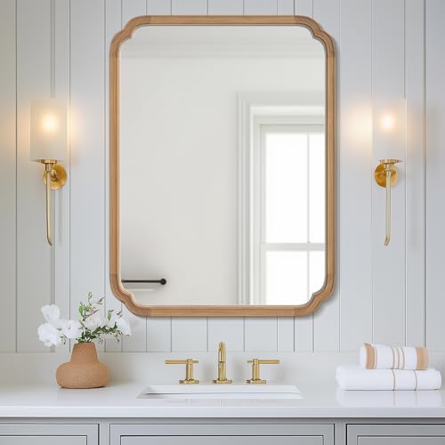 28" x 40" Rounded Corner Arch Wall Mirror with Wood Frame for Entryway