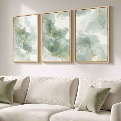 Large Framed Sage Green Gold Abstract Wall Art (3 Count)