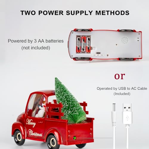 Christmas Snow Water Lantern Glittering Snowman and Pup in Red Truck with Christmas Tree
