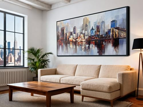 Brooklyn Bridge Wall Art Modern New York Abstract Canvas Cityscape Painting NYC Skyline Textured Picture for Living Room Bedroom Home Office Wall Decor Extra Large Size Black Wood Framed 58"x29"