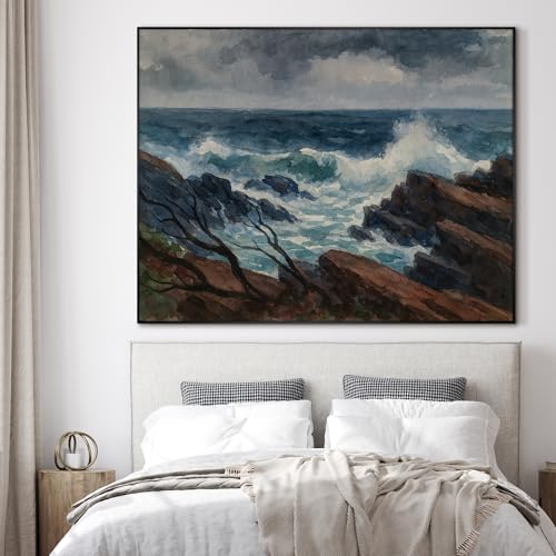 60"x72" Extra Large Framed Wall Art Rocky Seashore with Crashing Waves and Moody Sky for Home Living Room Bedroom Decor