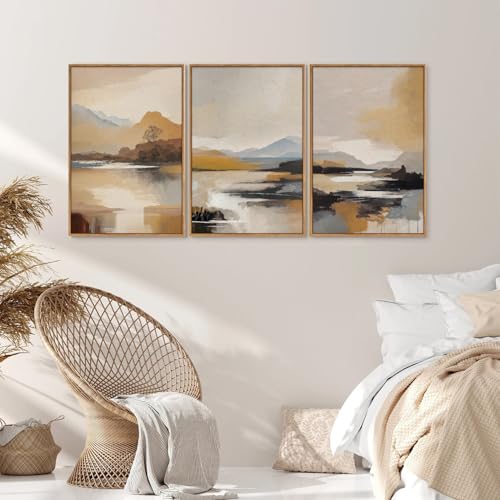 Beige Abstract Mountain Framed Canvas Wall Art (3 Count)
