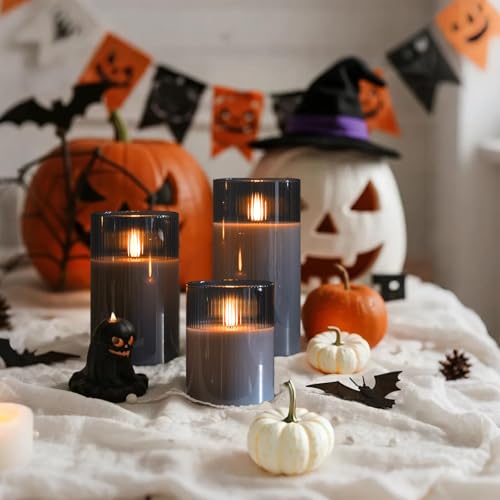 Grey Ribbed Glass Flameless Electric LED Candles with Remote Timer (3 Count)