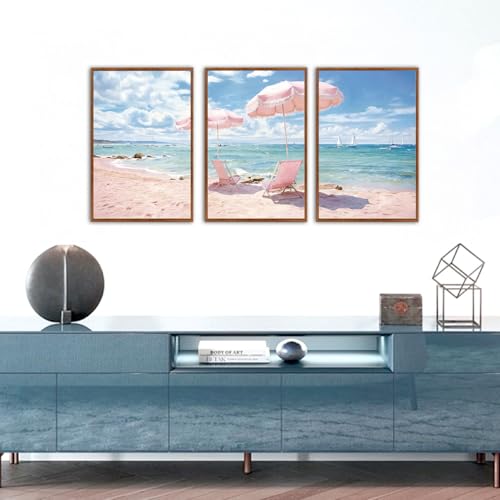 KAlRNE Seascape Coastal Decor Pink Beach Ocean Art Print Set (3 Count)