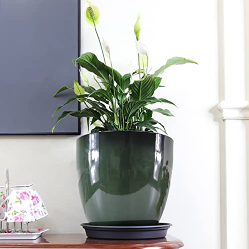 Garden Green Plastic Round 11.8 Inches Diameter 11.8 Inches Tall Planter Resin Glazed Faux Ceramic Flower Pots Drainage Hole with Saucer Decorative Pot 15675