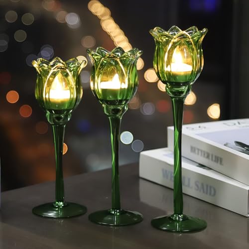 Green Glass Tulips Candle Holders Set of 3 (3 Count)