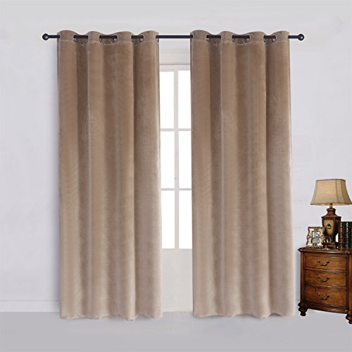 Super Soft Luxury Velvet Curtains Set of 2 Sand Color Room Darkening Blackout Drapes Drapery Cream 52 Inch Wide by 120 Inch Length with Grommet Sand