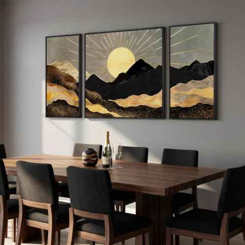 Extra Large Framed Black Gold Boho Wall Art for Living Room (3 Count)