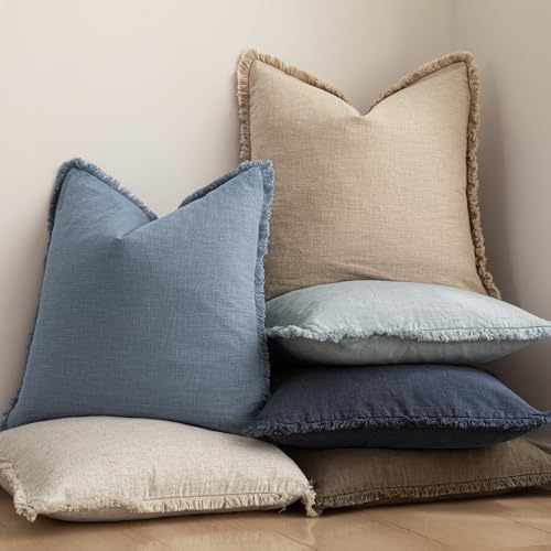 Decorative Linen Fringe Throw Pillow Covers 26×26 Misty Blue (2 Count)
