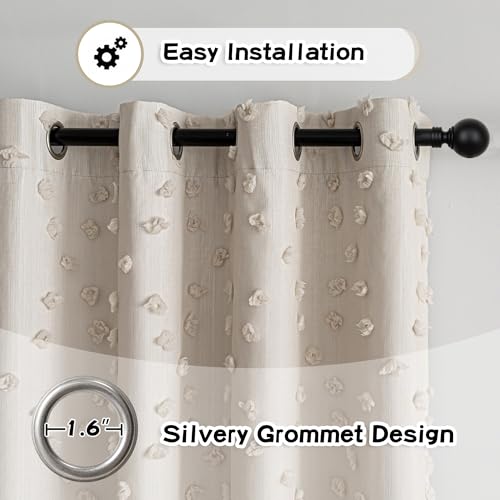 Beige Pom Pom Blackout Curtains for Girls Bedroom 63 Inch Long 100% Room Darkening Curtain for Kids Room 2 Panels Small Window Treatment Grommet 2 Layered Drapes Toddler 50W x 63L (2 Count)