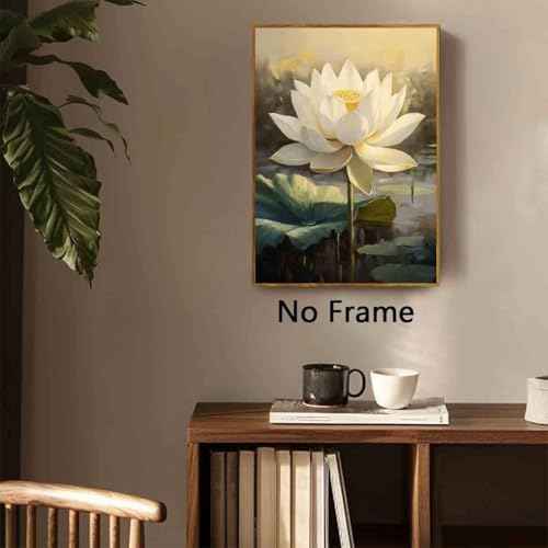 Lotus Flower Poster Summer Flower Picture Zen Lotus Pond Painting Water Lily Poster Green Plants Paintings Zen Canvas Botanical Art Print Vintage Floral Wall Art Modern Room Decor 16x24inch No Frame