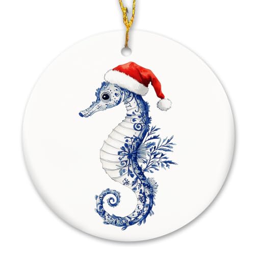 Blue Chinoiserie Santa Seahorse Christmas Ceramic Ornament
